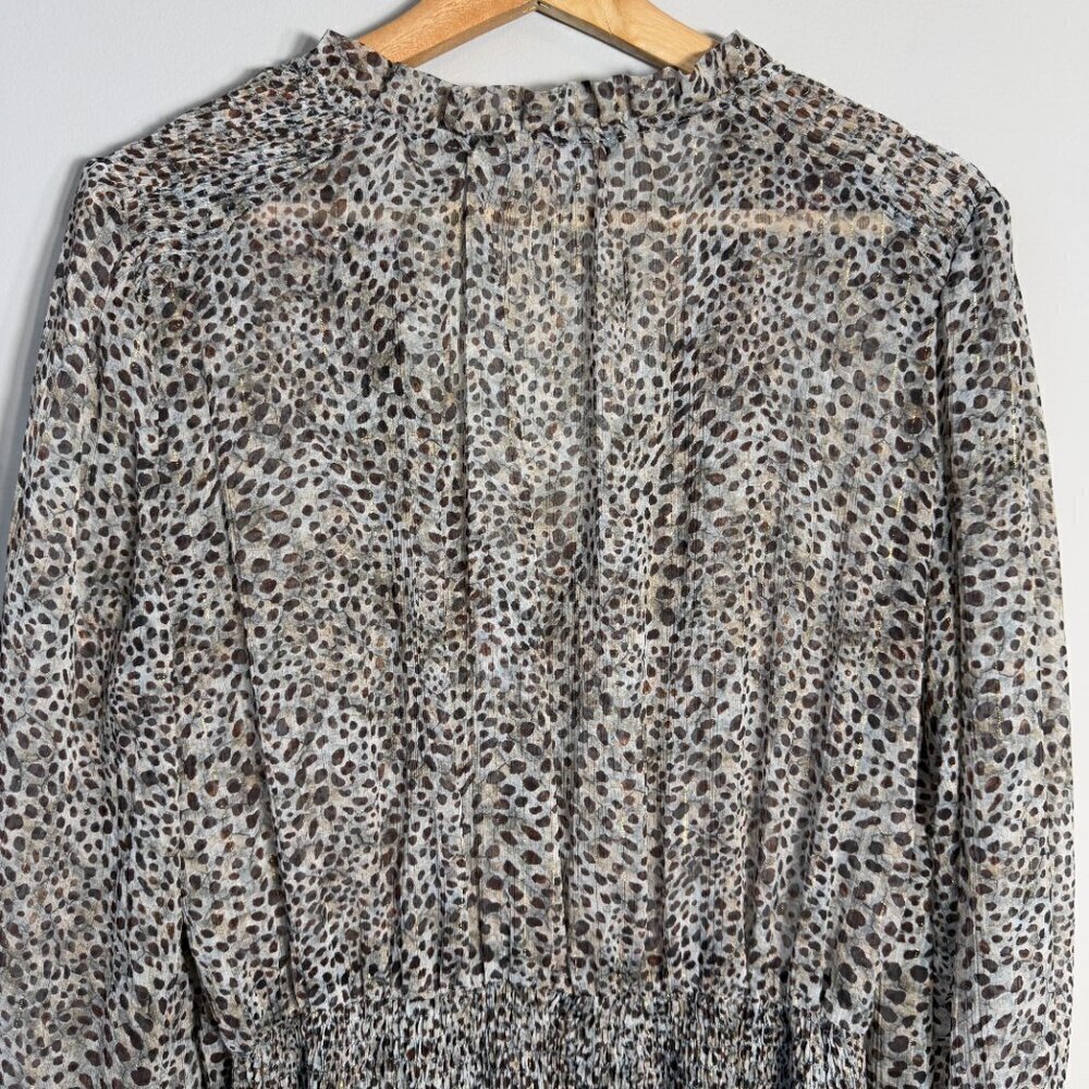 Zara Long Sleeve Animal Print Smocked Mini Dress Women's Medium Brown Sheer Sexy - Picture 15 of 16